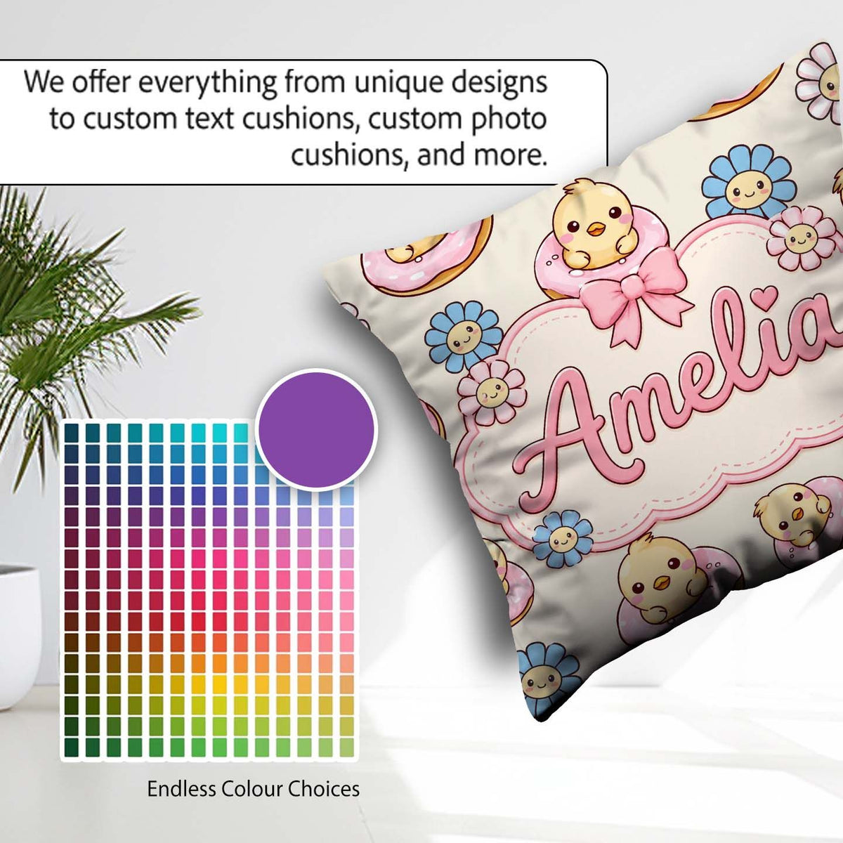 Custom Name Cute Chick Donut Flower Kawaii Seamless Pattern Name Square Filled Cushion Throw Pillow Sofa Bed Home Decor Zip Washable UK Made