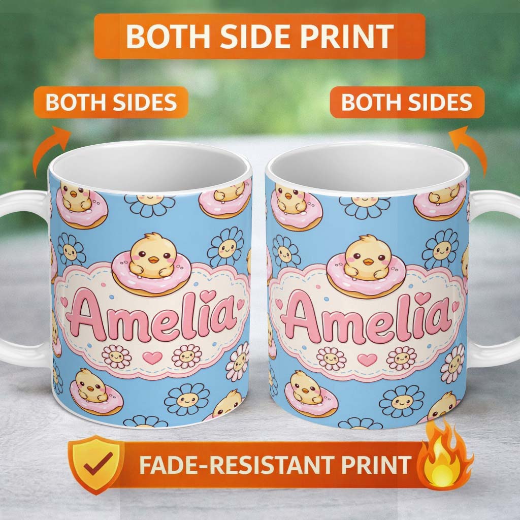 Personalized Custom Name Kawaii Chick Sitting on Donut with Flowers Seamless Pattern Blue 11oz Ceramic Coffee Tea Mug White Large Handle