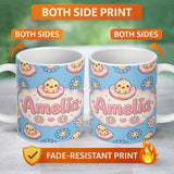 Personalized Custom Name Kawaii Chick Sitting on Donut with Flowers Seamless Pattern Blue 11oz Ceramic Coffee Tea Mug White Large Handle