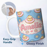 Personalized Custom Name Kawaii Chick Sitting on Donut with Flowers Seamless Pattern Blue 11oz Ceramic Coffee Tea Mug White Large Handle