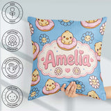 Custom Name Chick Sitting on Donut with Flowers Seamless Pattern Square Filled Cushion Throw Pillow Sofa Bed Home Decor Zip Washable UK Made