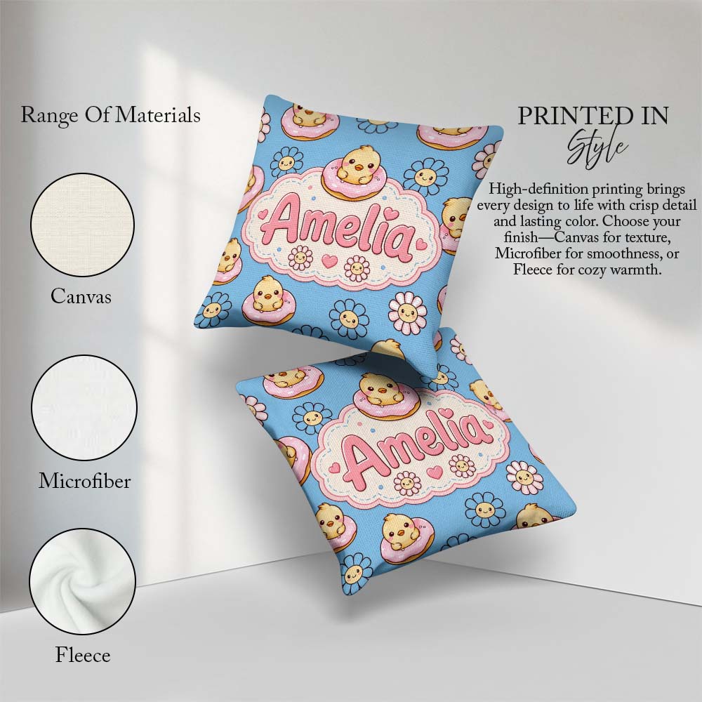 Custom Name Chick Sitting on Donut with Flowers Seamless Pattern Square Filled Cushion Throw Pillow Sofa Bed Home Decor Zip Washable UK Made