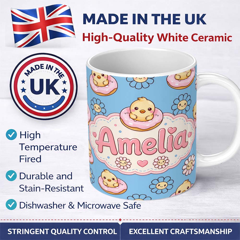 Personalized Custom Name Kawaii Chick Sitting on Donut with Flowers Seamless Pattern Blue 11oz Ceramic Coffee Tea Mug White Large Handle