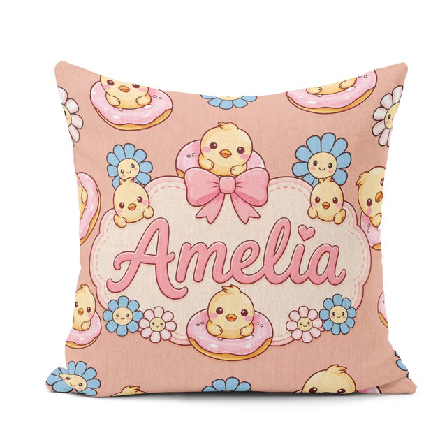 Custom Name Chick Sitting on Donut with Flowers Seamless Pattern Square Filled Cushion Throw Pillow Sofa Bed Home Decor Zip Washable UK Made