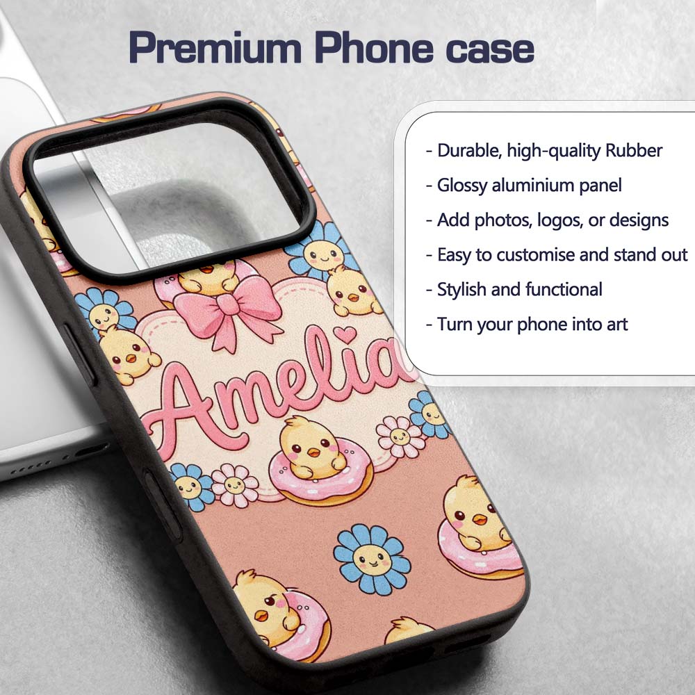 Kawaii Chick Sitting on Donut with Printed Design Custom Name Protective Phone Case Mobile Cover Durable Everyday Smartphone Shock Resistant