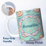 Personalized Custom Name Kawaii Chick Sitting on Donut with Flowers Seamless Pattern Mint 11oz Ceramic Coffee Tea Mug White Large Handle