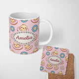 Personalized Custom Name Kawaii Chick Sitting on Donut with Flowers Seamless Pattern Blush 11oz Ceramic Coffee Tea Mug White Large Handle