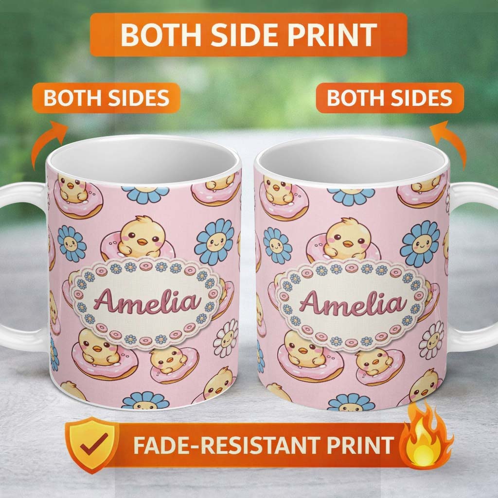 Personalized Custom Name Kawaii Chick Sitting on Donut with Flowers Seamless Pattern Blush 11oz Ceramic Coffee Tea Mug White Large Handle