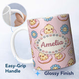 Personalized Custom Name Kawaii Chick Sitting on Donut with Flowers Seamless Pattern Blush 11oz Ceramic Coffee Tea Mug White Large Handle