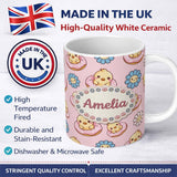 Personalized Custom Name Kawaii Chick Sitting on Donut with Flowers Seamless Pattern Blush 11oz Ceramic Coffee Tea Mug White Large Handle