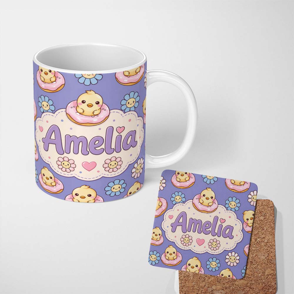 Personalized Custom Name Kawaii Chick Sitting on Donut with Flowers Seamless Pattern Purple 11oz Ceramic Coffee Tea Mug White Large Handle