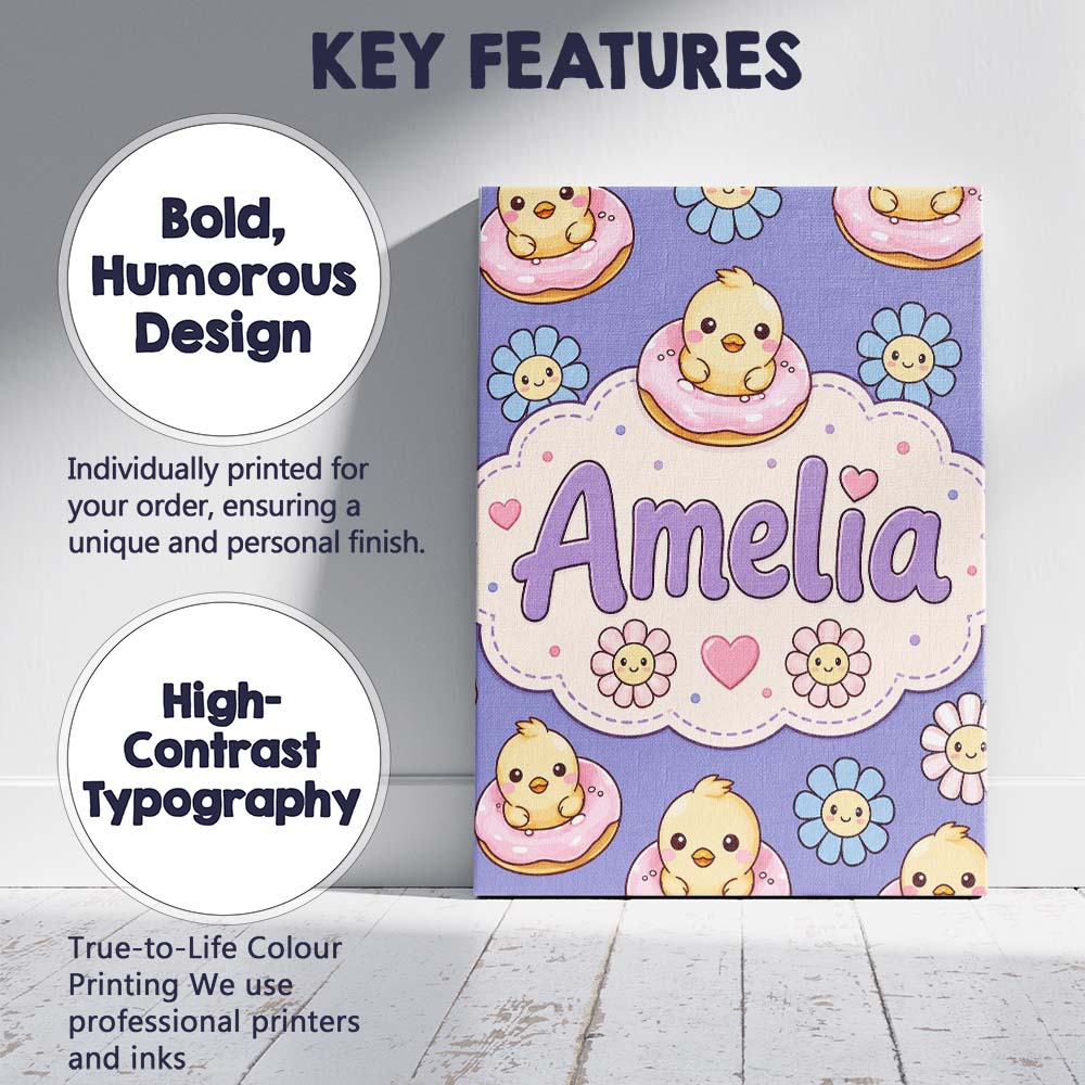 Personalised Name Kawaii Chick Sitting on Custom  Unique Gift Idea Elegant Feature Canvas Wall Art Print Decor Picture Ready to Hang