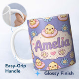 Personalized Custom Name Kawaii Chick Sitting on Donut with Flowers Seamless Pattern Purple 11oz Ceramic Coffee Tea Mug White Large Handle
