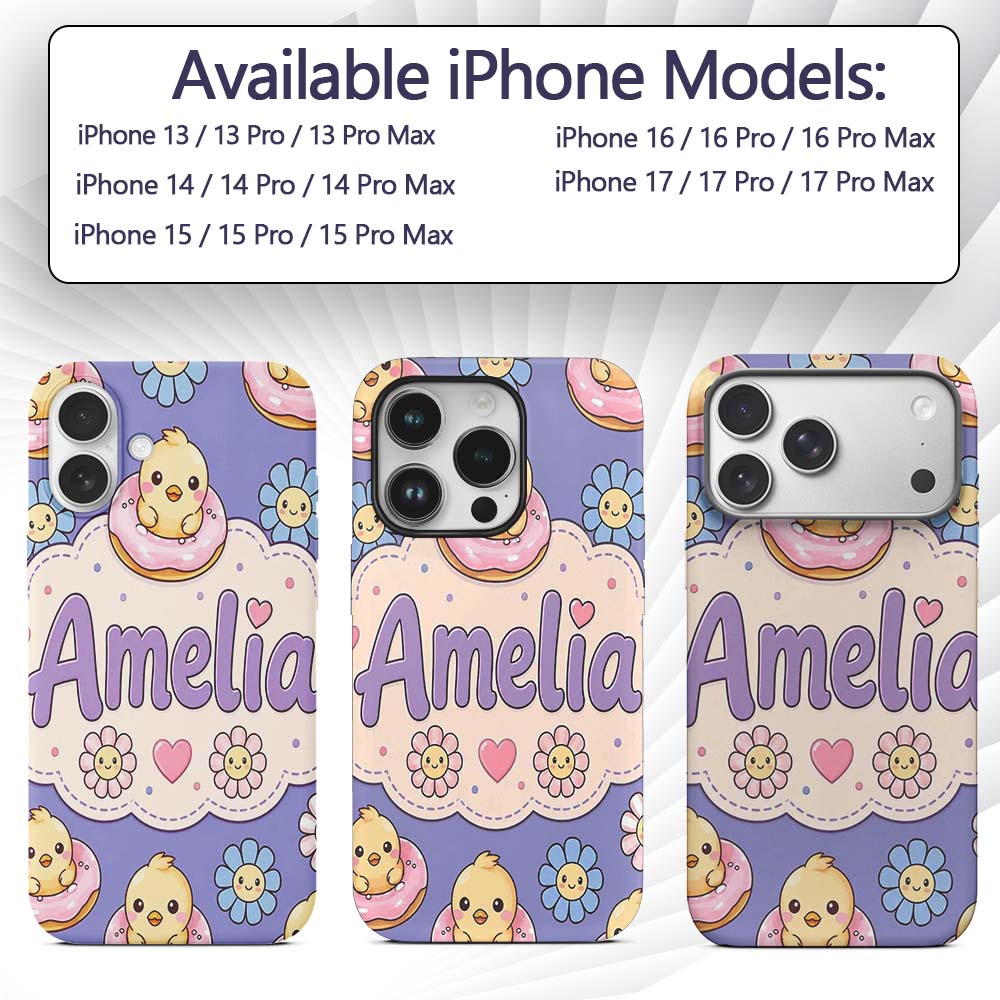 Kawaii Chick Sitting on Donut with Printed Design Custom Name Protective Phone Case Mobile Cover Durable Everyday Smartphone Shock Resistant