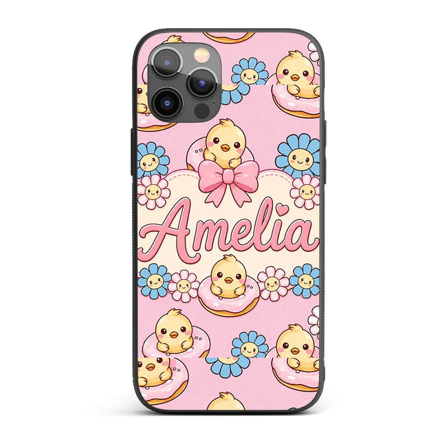 Kawaii Chick Sitting on Donut with Printed Design Custom Name Protective Phone Case Mobile Cover Durable Everyday Smartphone Shock Resistant