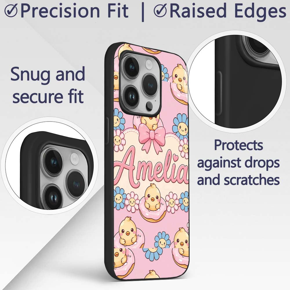 Kawaii Chick Sitting on Donut with Printed Design Custom Name Protective Phone Case Mobile Cover Durable Everyday Smartphone Shock Resistant