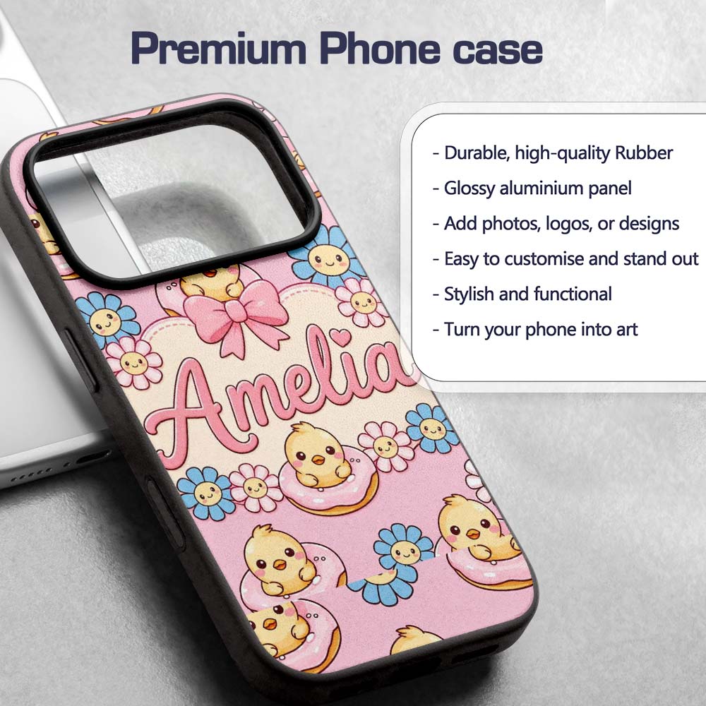 Kawaii Chick Sitting on Donut with Printed Design Custom Name Protective Phone Case Mobile Cover Durable Everyday Smartphone Shock Resistant