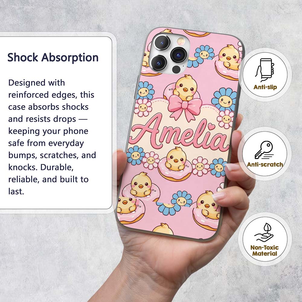 Kawaii Chick Sitting on Donut with Printed Design Custom Name Protective Phone Case Mobile Cover Durable Everyday Smartphone Shock Resistant