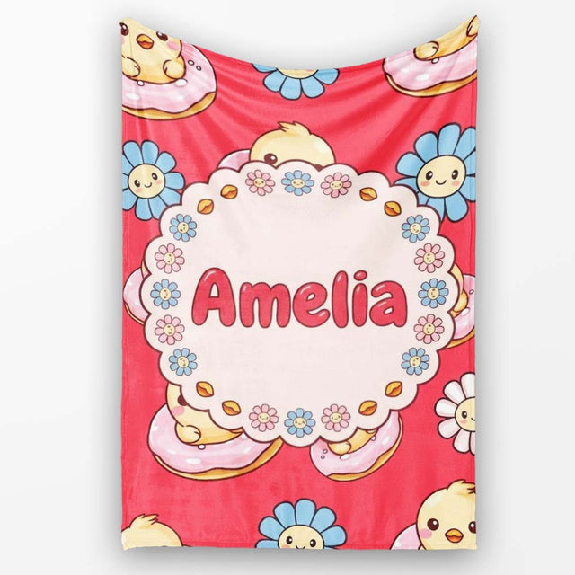 Cute Kawaii Chick Sitting on Donut with Flowers Seamless Pattern  Personalised Custom Name Super Soft Fleece Blanket Bed Sofa Throw