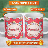 Personalized Custom Name Cute Kawaii Chick Sitting on Donut with Flowers Seamless Pattern 11oz Ceramic Coffee Tea Mug White Large Handle