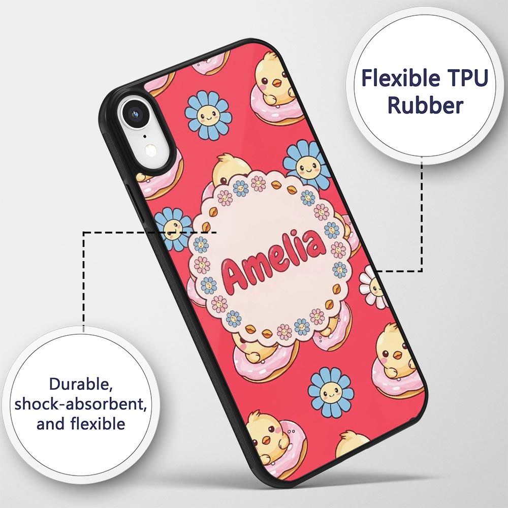 Cute Kawaii Chick Sitting on Donut with Flowers Custom Name Protective Phone Case Mobile Cover Durable Everyday Smartphone Shock Resistant