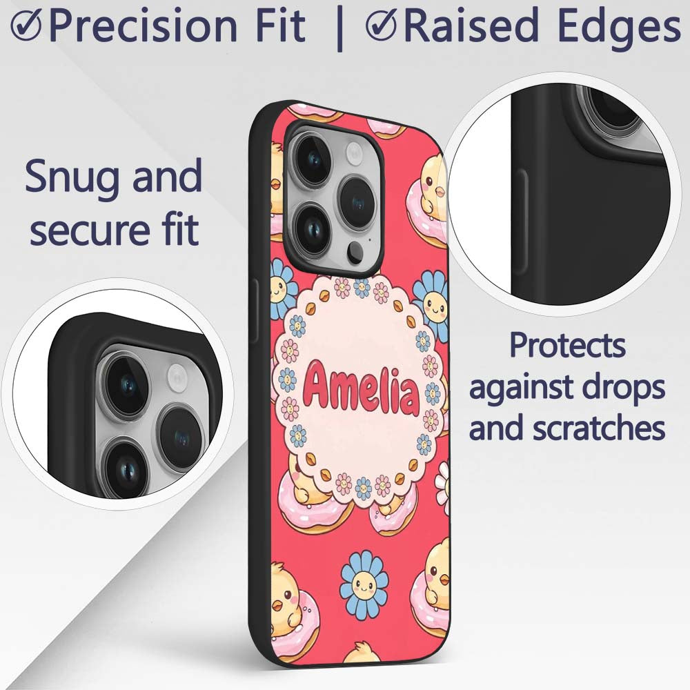Cute Kawaii Chick Sitting on Donut with Flowers Custom Name Protective Phone Case Mobile Cover Durable Everyday Smartphone Shock Resistant