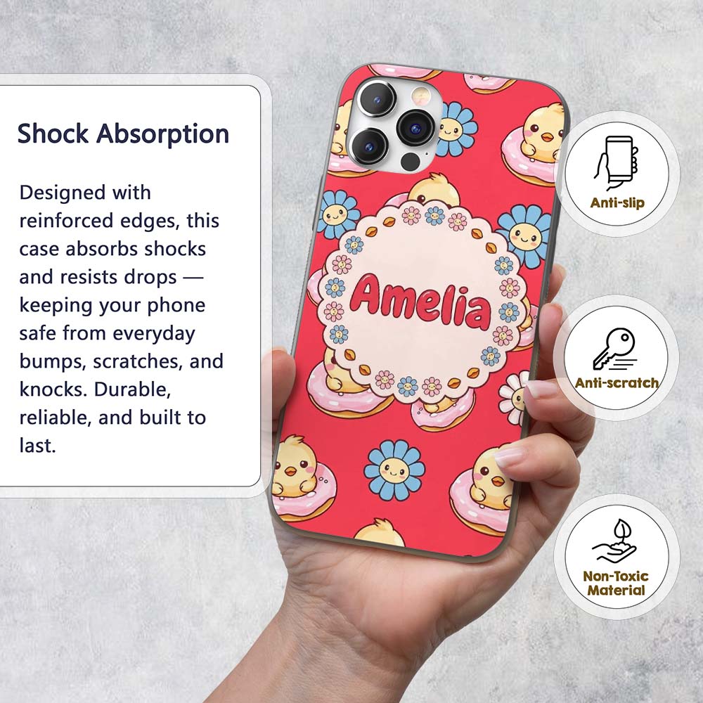 Cute Kawaii Chick Sitting on Donut with Flowers Custom Name Protective Phone Case Mobile Cover Durable Everyday Smartphone Shock Resistant