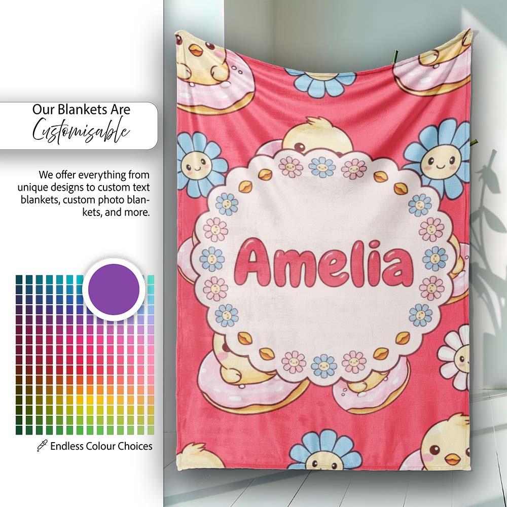 Cute Kawaii Chick Sitting on Donut with Flowers Seamless Pattern  Personalised Custom Name Super Soft Fleece Blanket Bed Sofa Throw