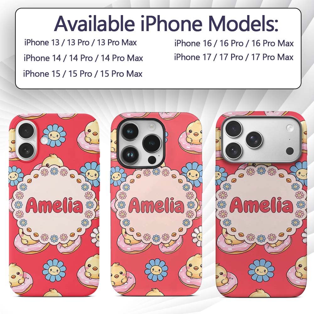 Cute Kawaii Chick Sitting on Donut with Flowers Custom Name Protective Phone Case Mobile Cover Durable Everyday Smartphone Shock Resistant