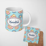 Personalized Custom Name Kawaii Chick Sitting on Donut with Flowers Seamless Pattern Teal 11oz Ceramic Coffee Tea Mug White Large Handle