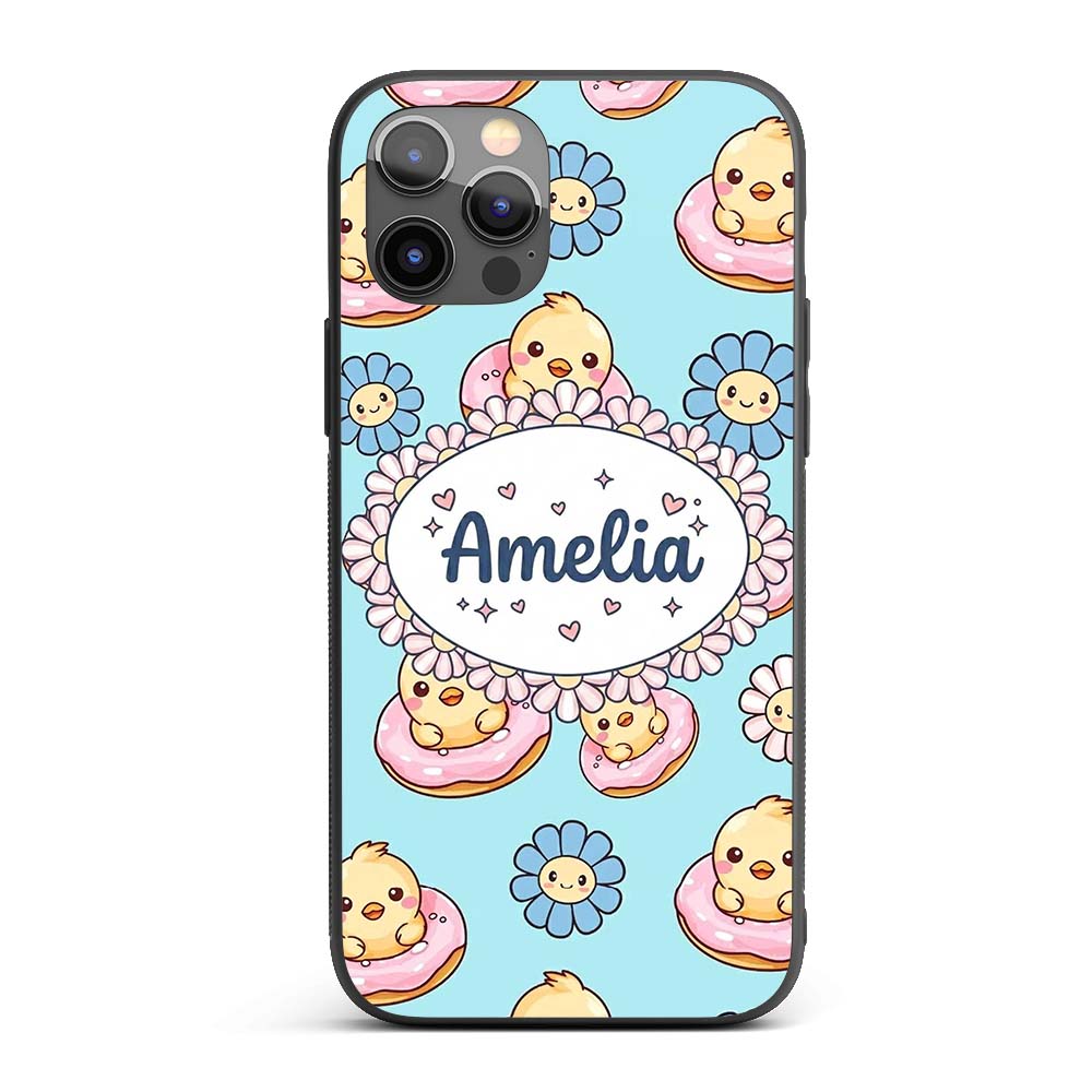 Kawaii Chick Sitting on Donut with Printed Design Custom Name Protective Phone Case Mobile Cover Durable Everyday Smartphone Shock Resistant