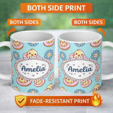 Personalized Custom Name Kawaii Chick Sitting on Donut with Flowers Seamless Pattern Teal 11oz Ceramic Coffee Tea Mug White Large Handle