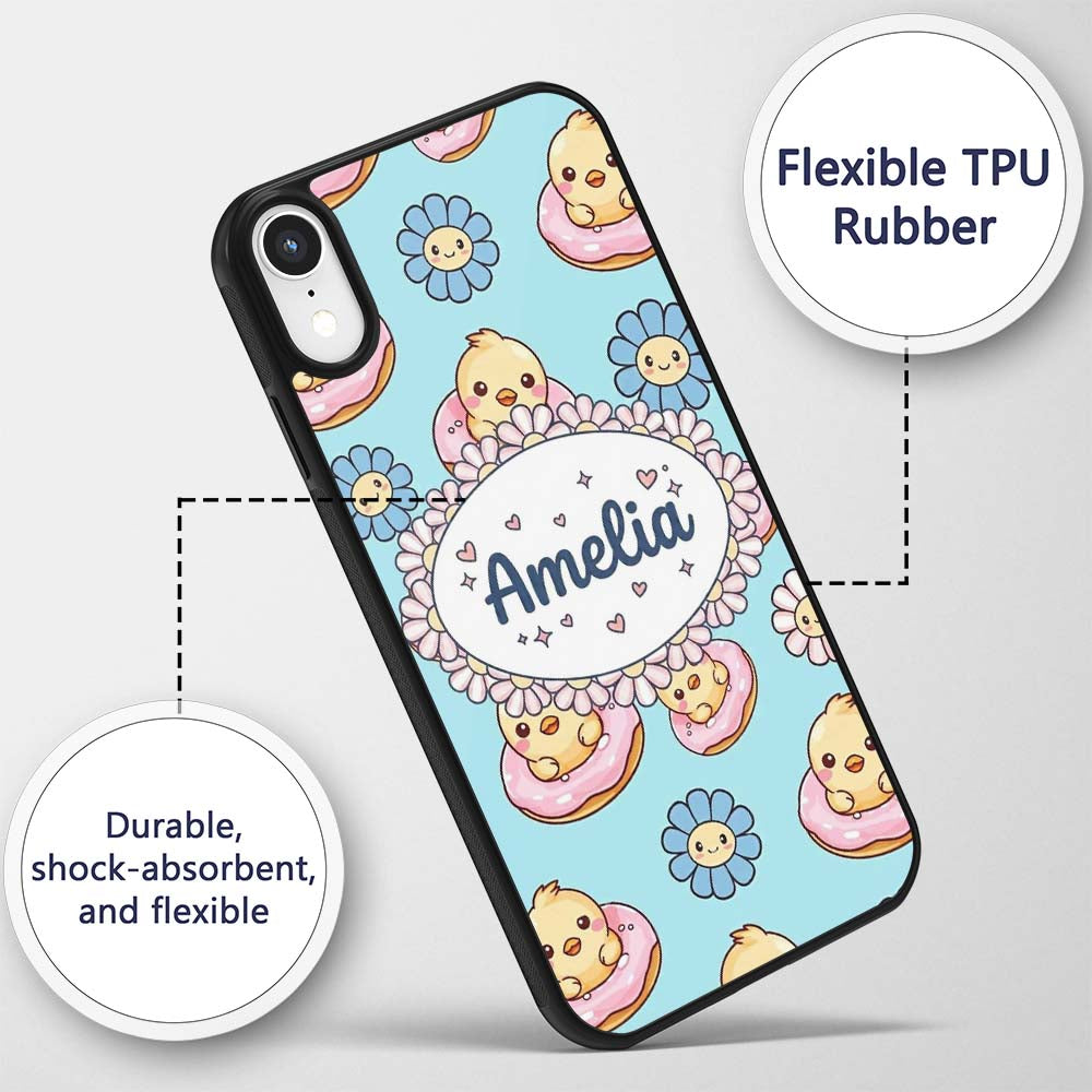 Kawaii Chick Sitting on Donut with Printed Design Custom Name Protective Phone Case Mobile Cover Durable Everyday Smartphone Shock Resistant