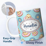 Personalized Custom Name Kawaii Chick Sitting on Donut with Flowers Seamless Pattern Teal 11oz Ceramic Coffee Tea Mug White Large Handle