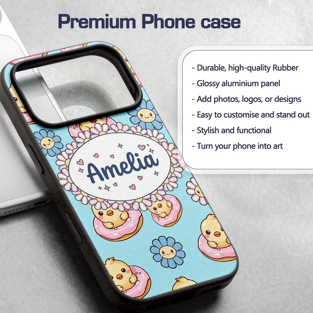 Kawaii Chick Sitting on Donut with Printed Design Custom Name Protective Phone Case Mobile Cover Durable Everyday Smartphone Shock Resistant