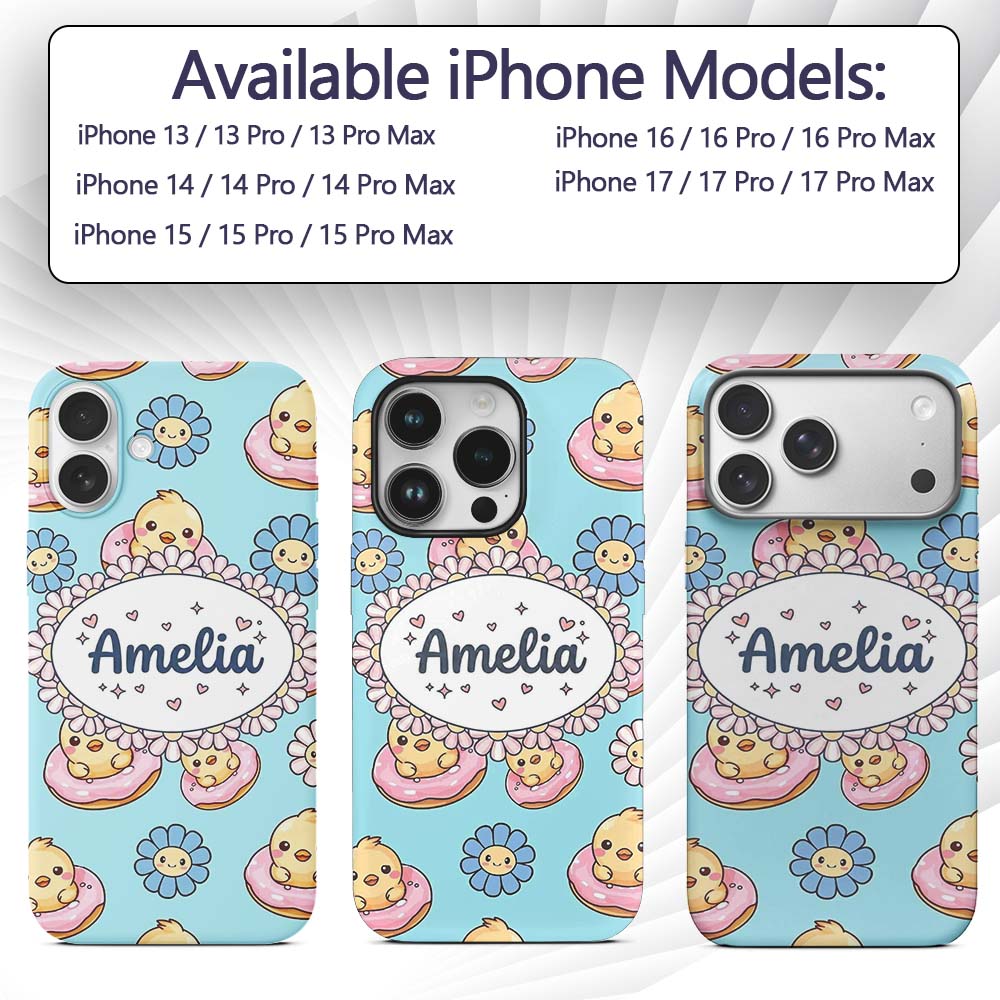 Kawaii Chick Sitting on Donut with Printed Design Custom Name Protective Phone Case Mobile Cover Durable Everyday Smartphone Shock Resistant