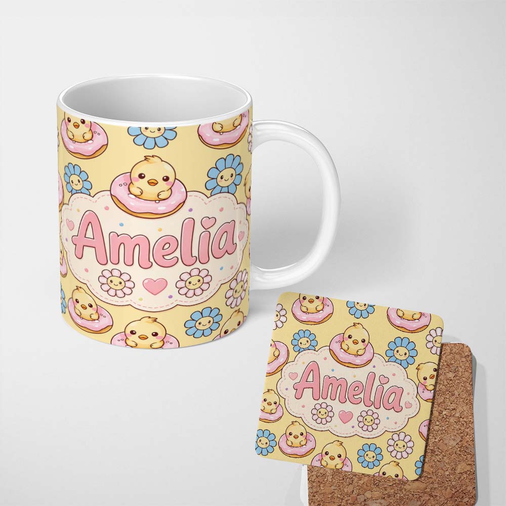 Personalized Custom Name Kawaii Chick Sitting on Donut with Flowers Seamless Pattern Yellow 11oz Ceramic Coffee Tea Mug White Large Handle