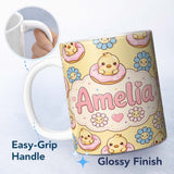 Personalized Custom Name Kawaii Chick Sitting on Donut with Flowers Seamless Pattern Yellow 11oz Ceramic Coffee Tea Mug White Large Handle