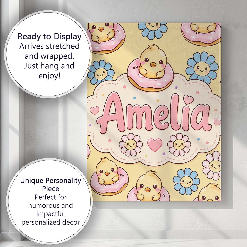 Personalised Name Kawaii Chick Sitting on Custom  Unique Gift Idea Elegant Feature Canvas Wall Art Print Decor Picture Ready to Hang