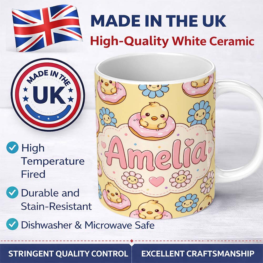 Personalized Custom Name Kawaii Chick Sitting on Donut with Flowers Seamless Pattern Yellow 11oz Ceramic Coffee Tea Mug White Large Handle