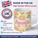 Personalized Custom Name Kawaii Chick Sitting on Donut with Flowers Seamless Pattern Yellow 11oz Ceramic Coffee Tea Mug White Large Handle