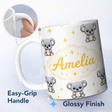 Personalized Custom Name Cute Cartoon Koala Bears with Yellow Stars on Light Grey Background 11oz Ceramic Coffee Tea Mug White Large Handle