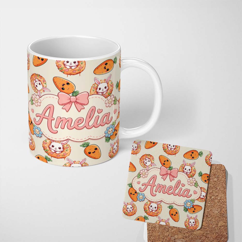 Personalized Custom Name Cute Kawaii Bunny with Carrot Donut Seamless Pattern Cream 11oz Ceramic Coffee Tea Mug White Large Handle