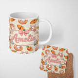 Personalized Custom Name Cute Kawaii Bunny with Carrot Donut Seamless Pattern Cream 11oz Ceramic Coffee Tea Mug White Large Handle