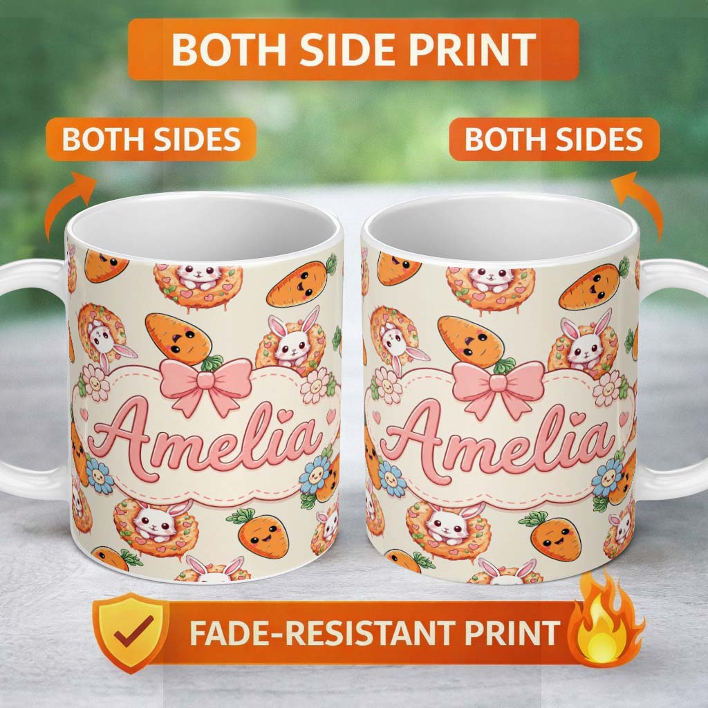 Personalized Custom Name Cute Kawaii Bunny with Carrot Donut Seamless Pattern Cream 11oz Ceramic Coffee Tea Mug White Large Handle