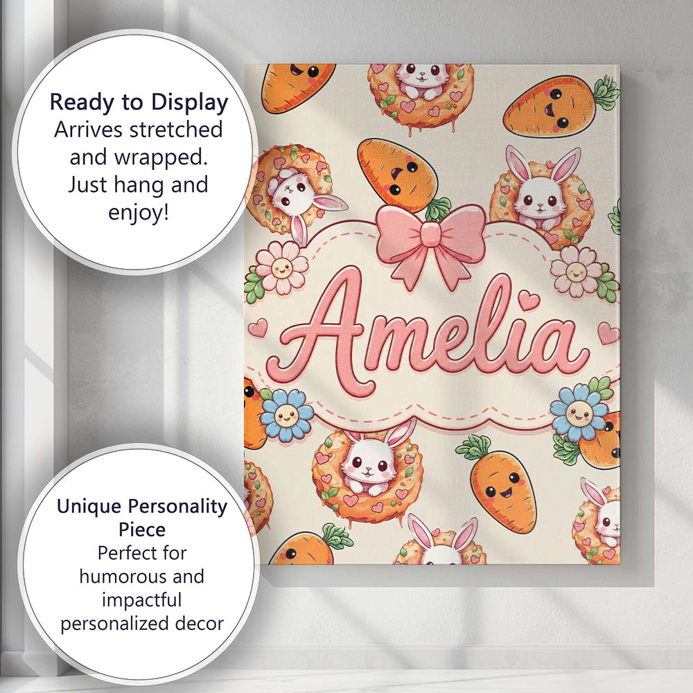 Personalised Name Cute Kawaii Bunny with Custom  Unique Gift Idea Elegant Feature Canvas Wall Art Print Decor Picture Ready to Hang