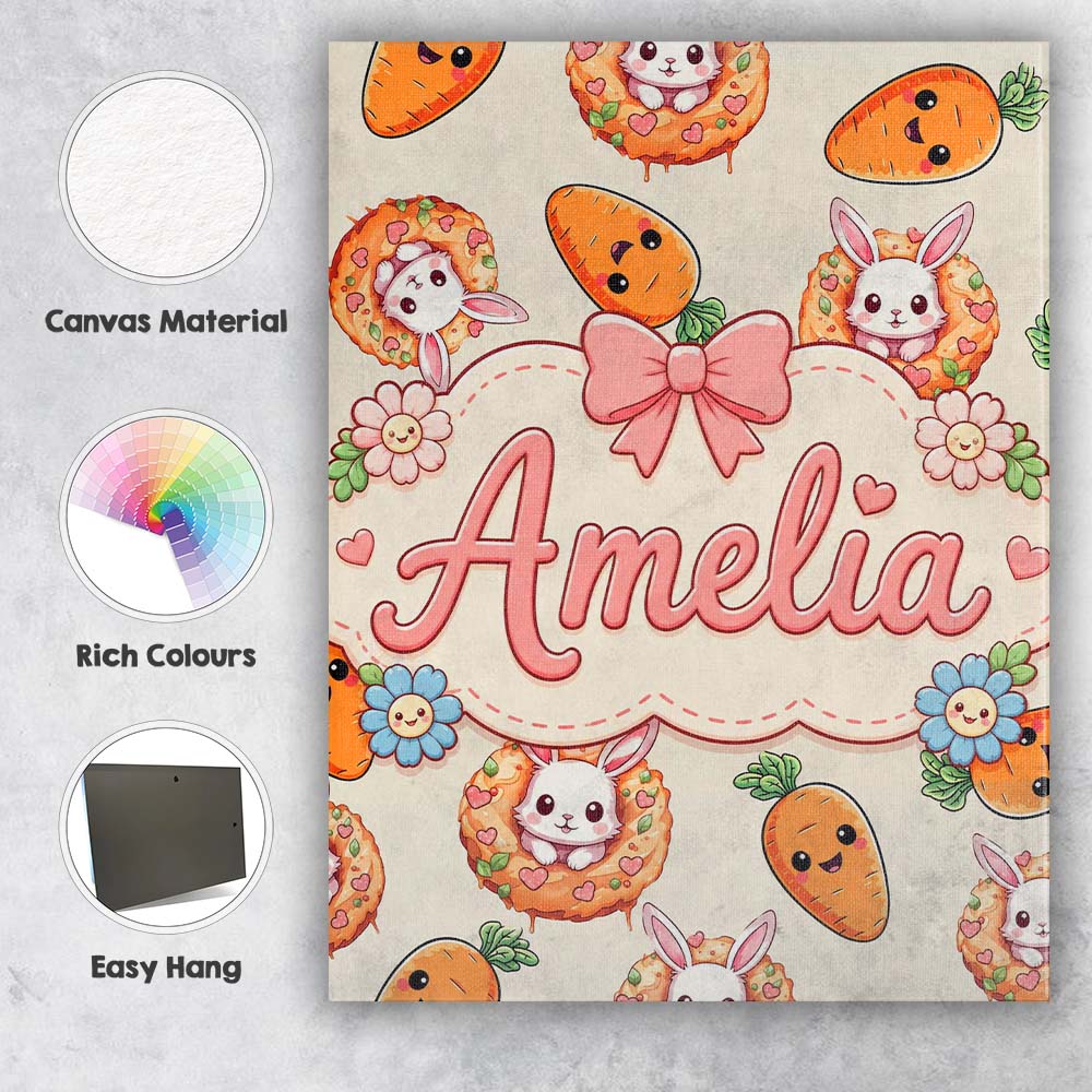 Personalised Name Cute Kawaii Bunny with Custom  Unique Gift Idea Elegant Feature Canvas Wall Art Print Decor Picture Ready to Hang
