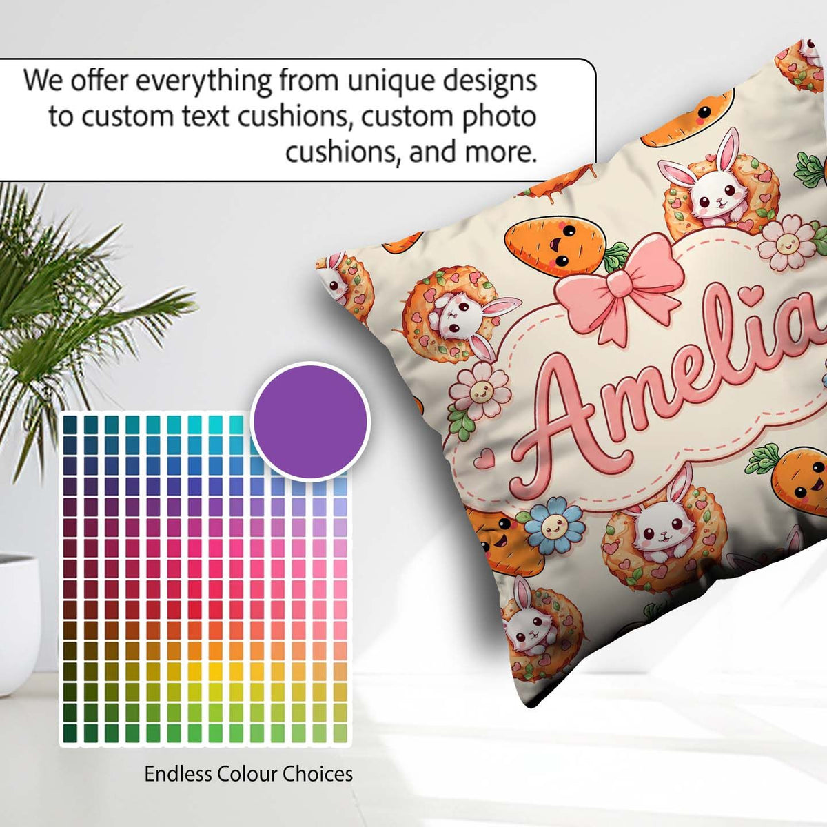 Custom Name Cute Kawaii Bunny with Carrot Donut Seamless Pattern Square Filled Cushion Throw Pillow Sofa Bed Home Decor Zip Washable UK Made