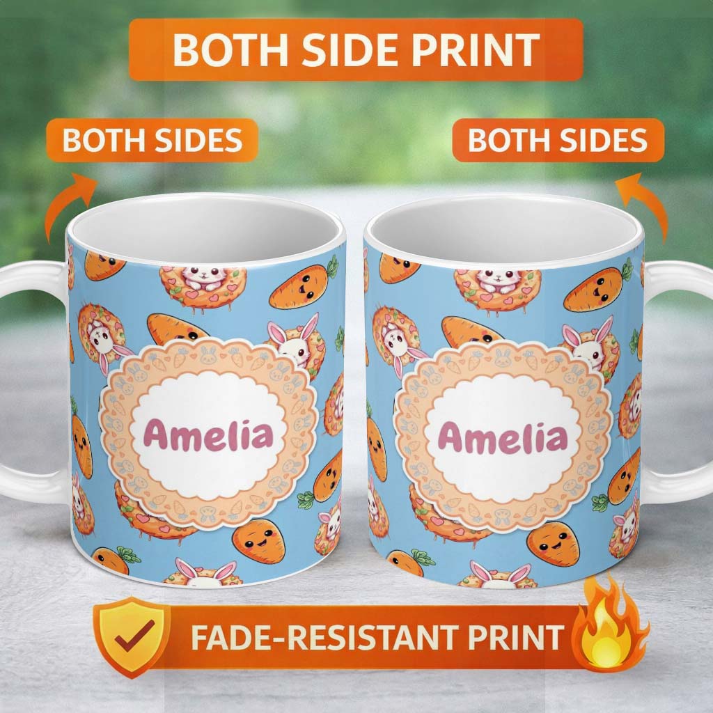 Personalized Custom Name Cute Kawaii Bunny with Carrot Donut Seamless Pattern Blue 11oz Ceramic Coffee Tea Mug White Large Handle