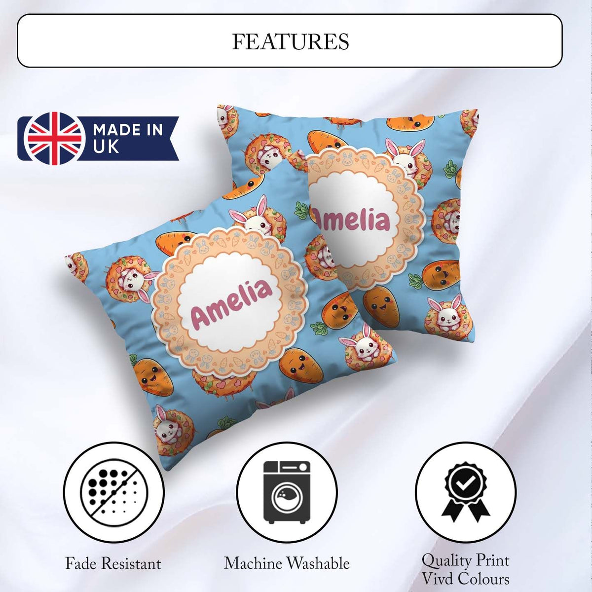 Custom Name Kawaii Bunny with Carrot Donut Seamless Pattern Blue Square Filled Cushion Throw Pillow Sofa Bed Home Decor Zip Washable UK Made